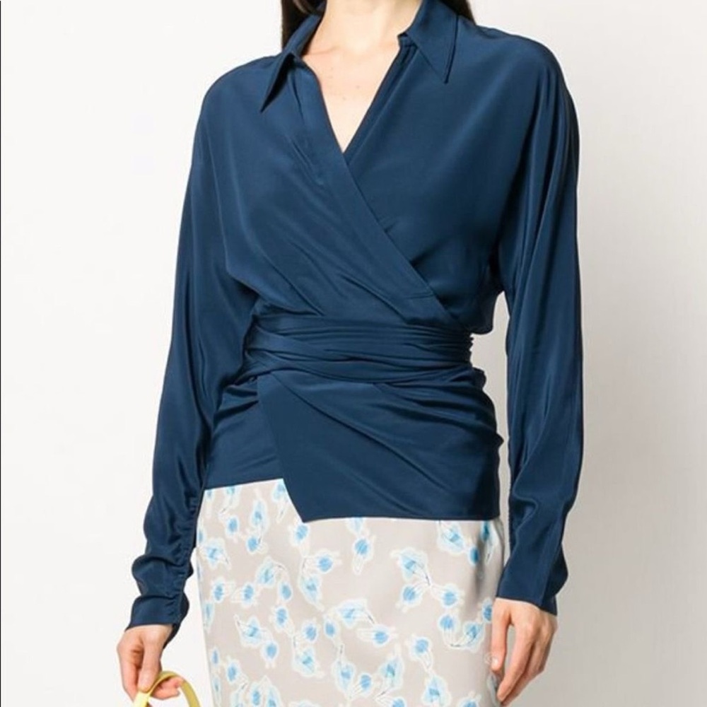 Dorothee Schumacher Navy Blue Silk Wrap Long Sleeve Shirt Blouse Size Small 2